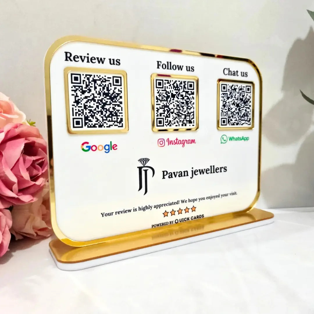 Premium 3 QR White Stand with Golden Finish - Quick Cards