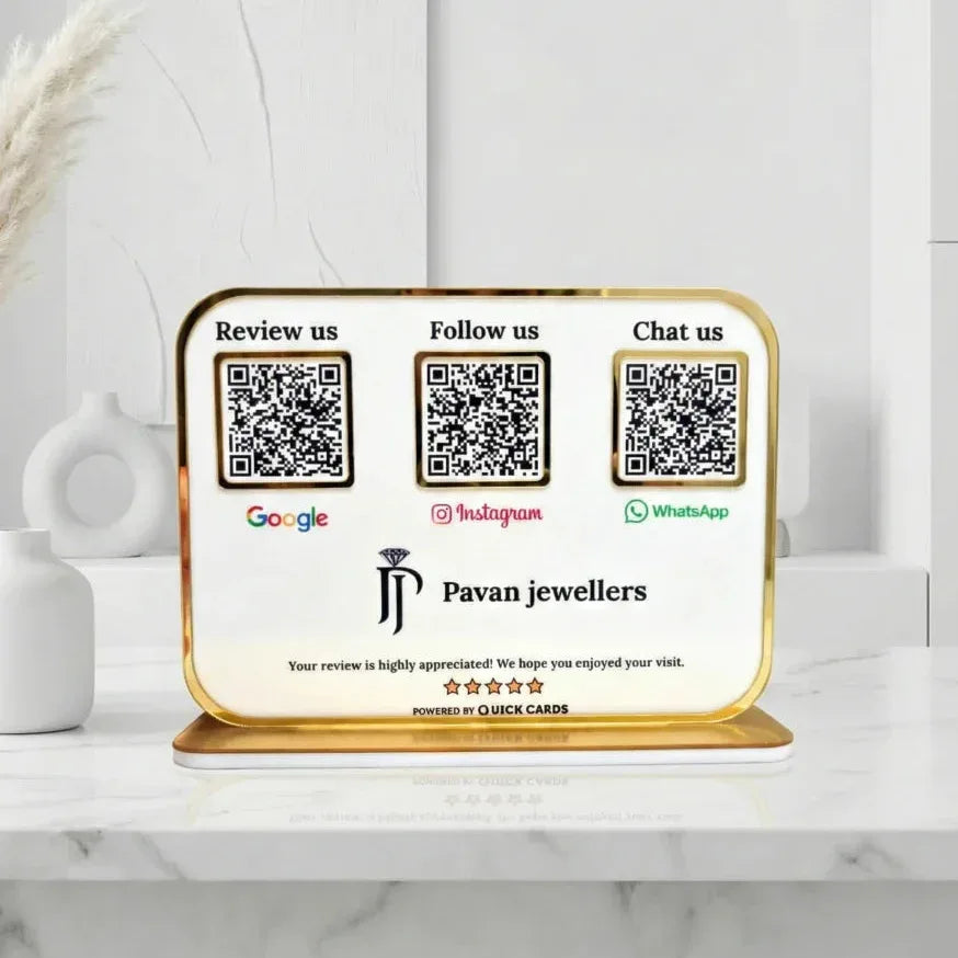 Premium 3 QR White Stand with Golden Finish - Quick Cards