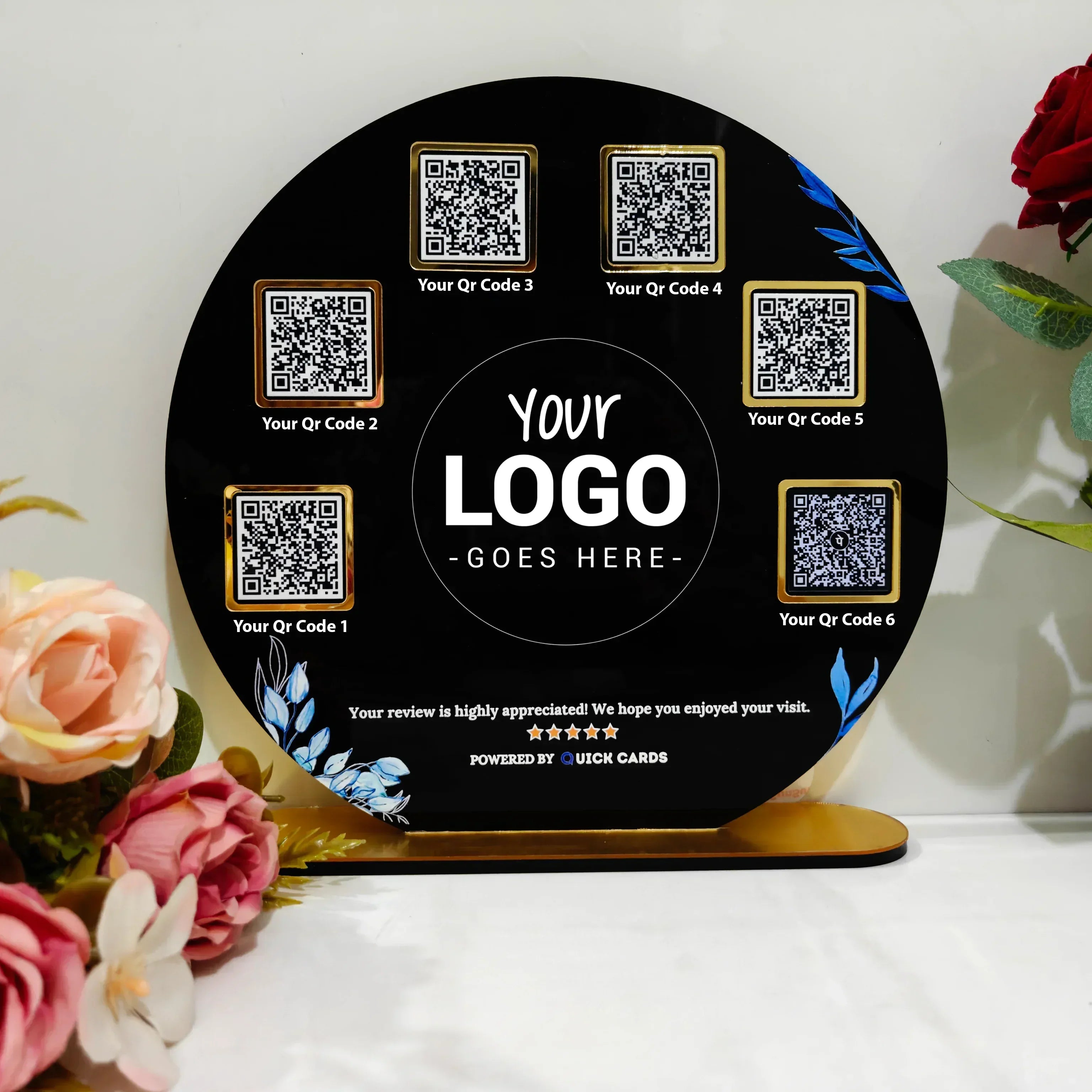 Round Shape 6 QR with UV Printed Acrylic Stand - Quick Cards