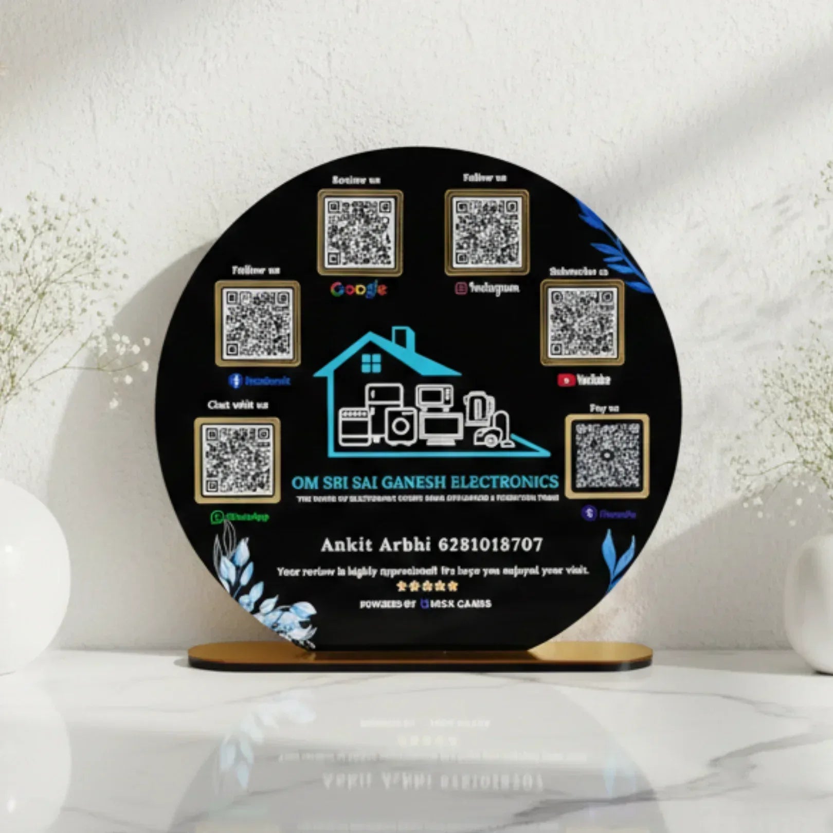 Round Shape 6 QR with UV Printed Acrylic Stand - Quick Cards